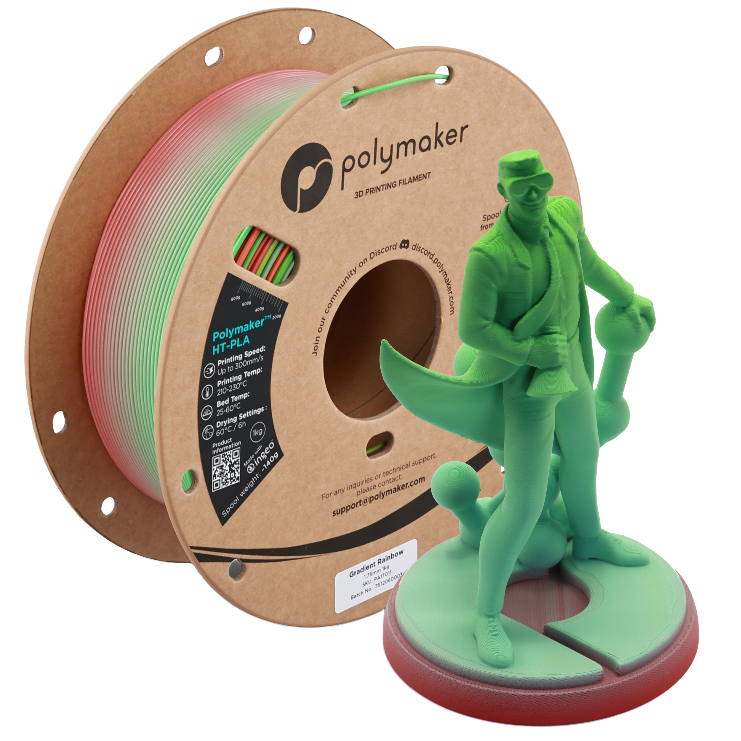 Additronix Polymaker HT-PLA filament spool with rainbow-colored 3D printing filament ready for use.