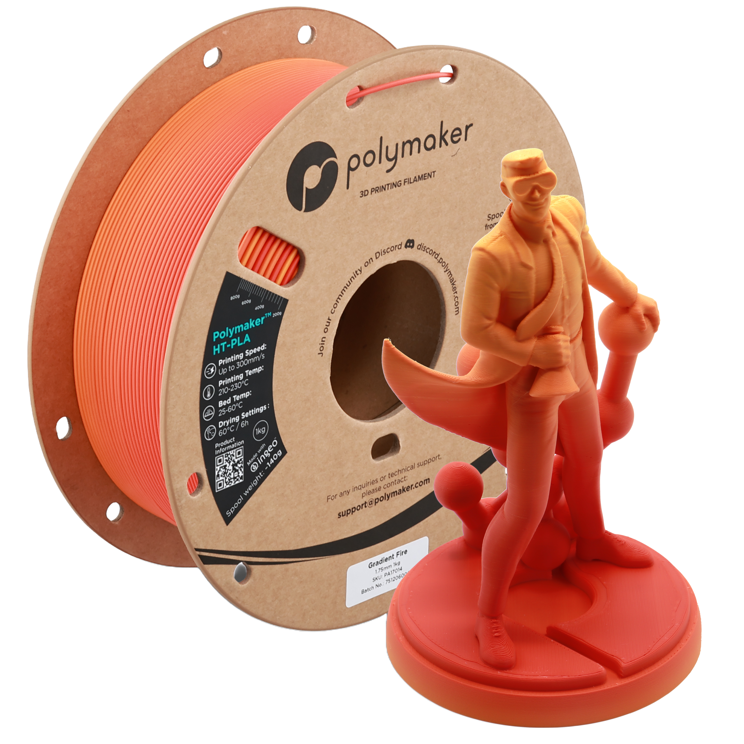 Additronix Polymaker HT-PLA filament spool with a fiery flame design on the label.