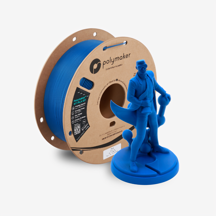 Blue Polymaker HT-PLA-GF filament spool from Additronix, showcasing the high-performance 3D printing filament with glass fiber reinforcement.