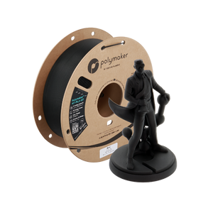 Spool of Polymaker 3D printing filament and a black 3D printed figure on a white background