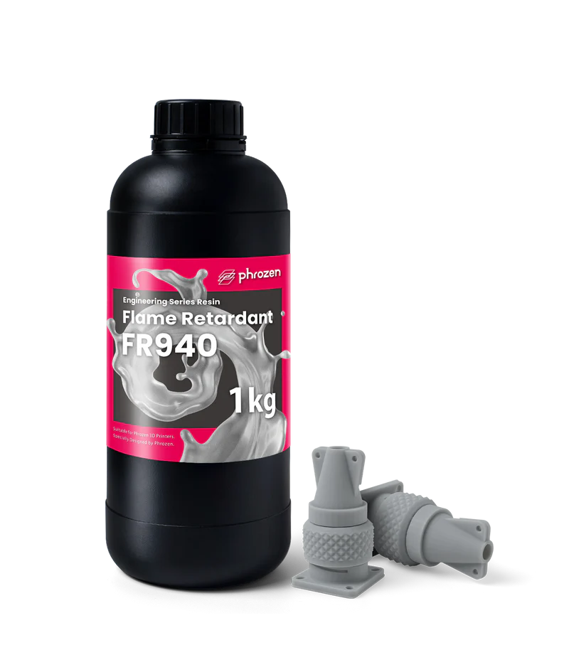 Gray Additronix Phrozen Flame Retardant FR940 resin in a 1kg container, showing the resin bottle with product label.