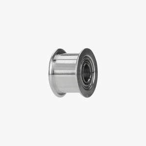 Additronix X1 Series idler pulley, spare part for machinery, shown in black metal with mounting hole and smooth surface.