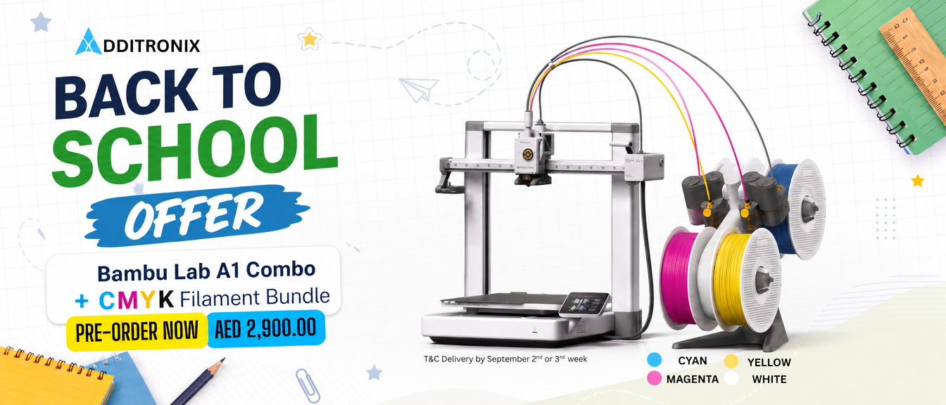 Promotional banner for Additronix Bambu Lab A1 Combo 3D printer filament bundle. The image features a 3D printer and four colored filament spools (cyan, magenta, yellow, white) on a white background with school-themed doodles and text reading 'BACK TO SCHOOL OFFER'.