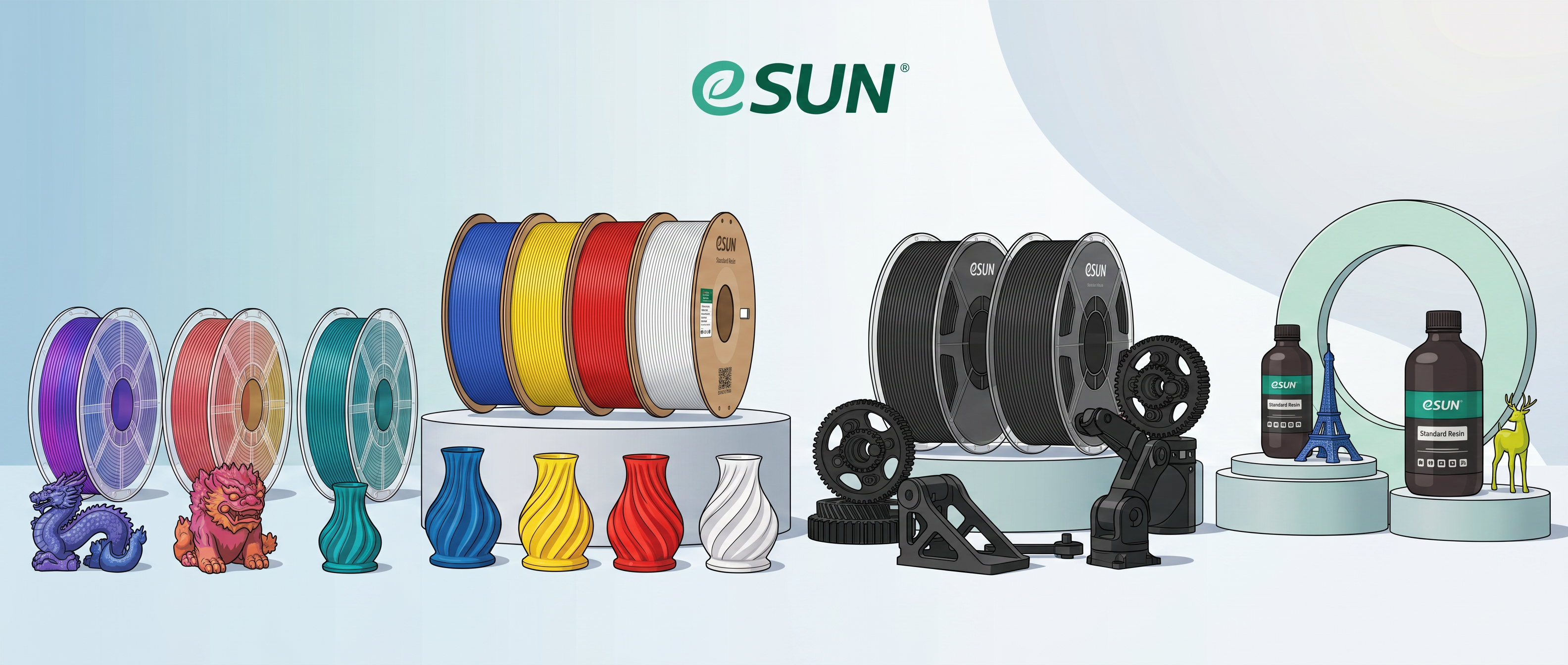 Collection of 3D printing filament spools and models with eSUN branding on a light blue background.