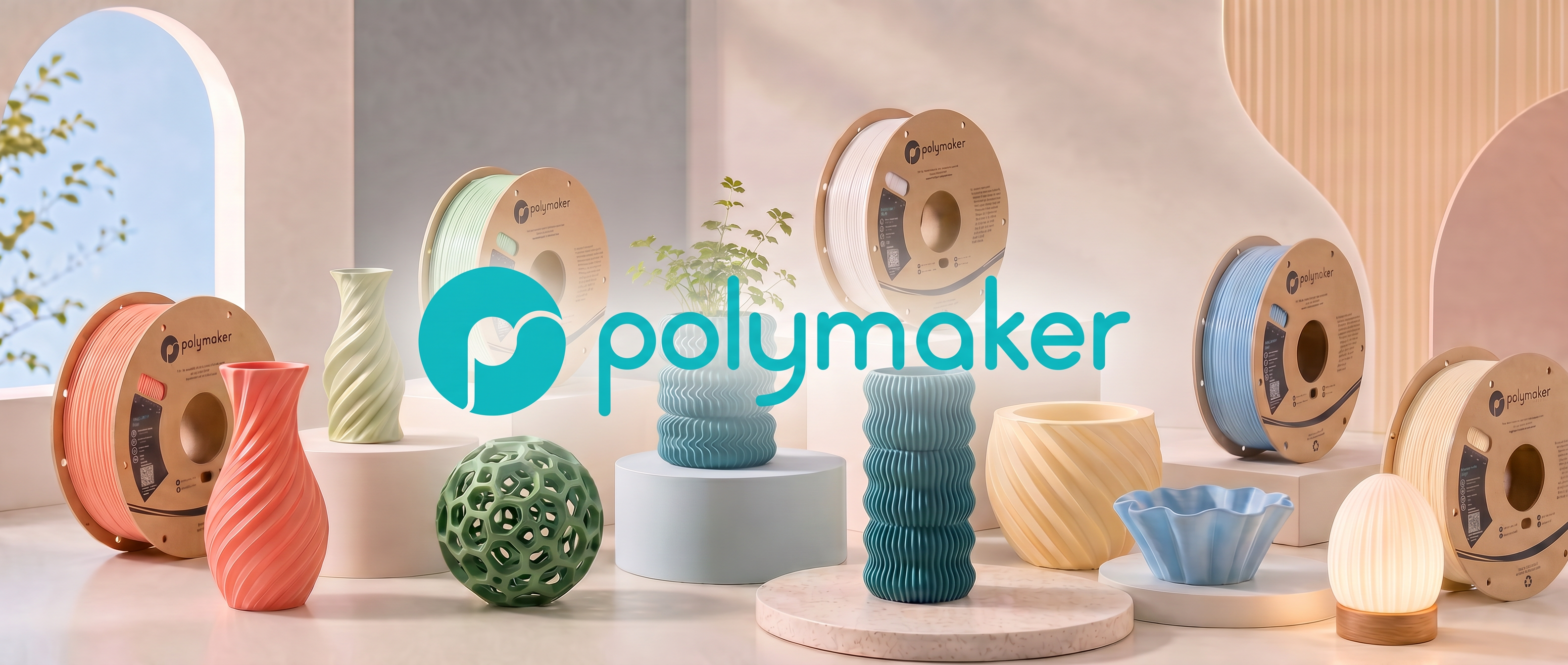 Polymaker 3D printing filament spools and models