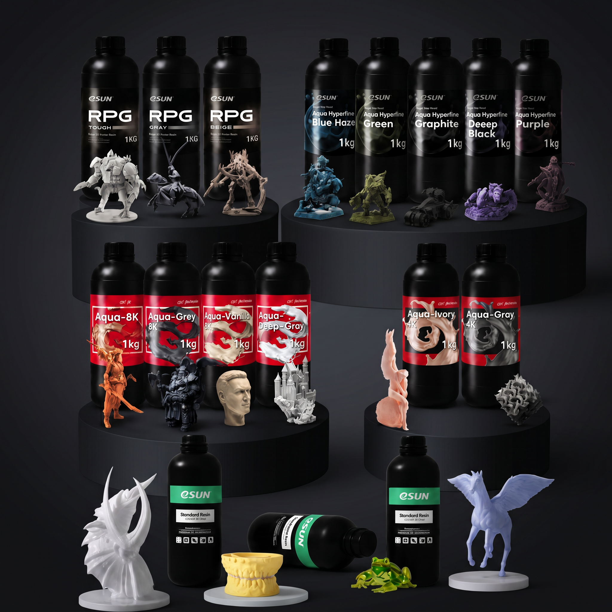 Collection of 3D printing resin bottles with miniature figures on a black background.